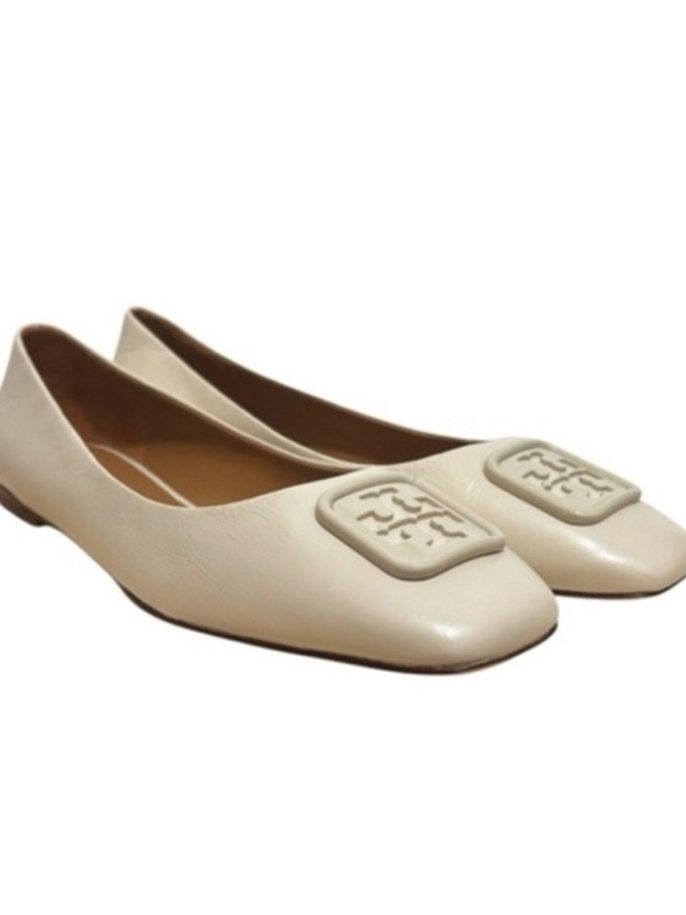 Tory Burch Ivory Logo Square-Toe Flats